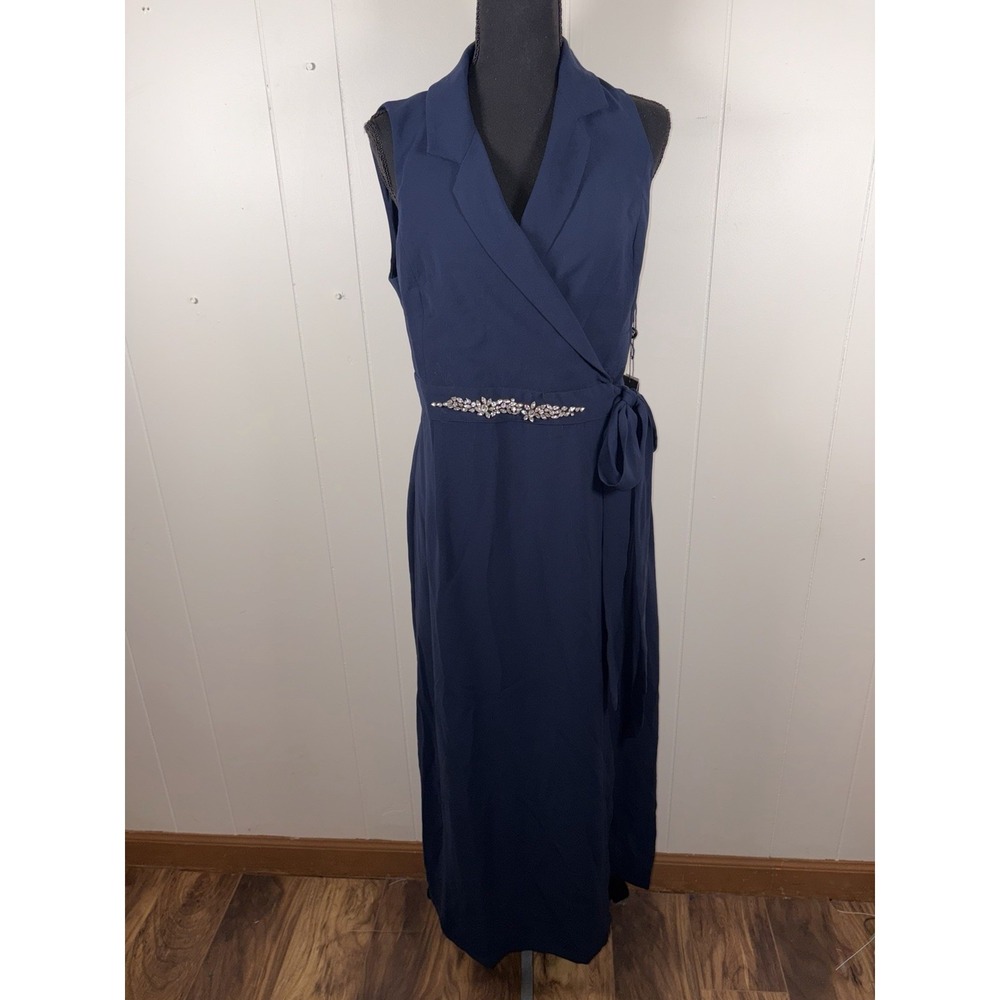 adrianna‎ papell gauzy grepe tuxedo maxi wrap dress size 6 Navy Nwt